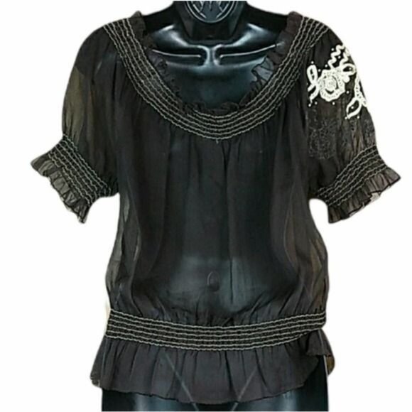 MARINEBLU Sz M Sheer Embroidered Ruffle Peplum Top Round Neck Spring Fall Layer - Picture 3 of 7